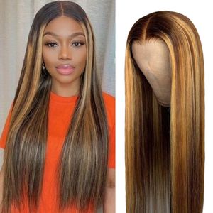 Rak Highlight Peruk Människohår Ombre Brun Honung Blond Brazilian Remy Lace Peruker För Kvinnor Förplockade