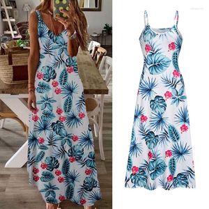 Sukienki na co dzień Letnia szata Damska sukienka Sling Floral Długa Boho Dekolt w serek Bez rękawów Plaża Print Maxi Sundress