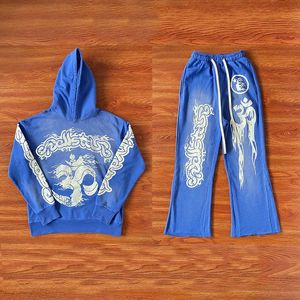 Hellstar niebieski joga spodnie z kapturem strój sportowy dres doodle Harajuku Stranger Things Oversize stracić bluzę luźną hip-hopową bluzę z kapturem wysokiej jakości rozmiar US SMLXL