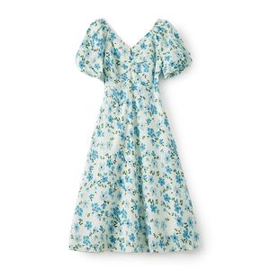 2023 Summer Blue Floral Print Dress Short Sleeve V-Neck Knee-Length Casual Dresses W3L042310