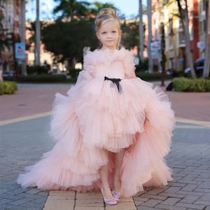 Schöne rosa High-Low-Mädchen-Festzug-Kleider O-Ausschnitt Rüschen Tiere Kinder-Abschlussball-Partei-Kleid mit schwarzer Fliege und Gürtel mehrlagiges Kinder-Berühmtheitskleid