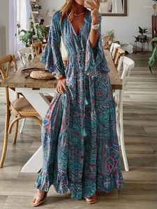 Casual Kleider Frauen Bohemian Maxi 2023 Sommer V-ausschnitt Flare Hülse Vintage Kleid Weibliche Strand Druck Große Schaukel Lange Vestido