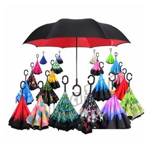 Umbrellas Est Windproof Reverse Umbrella Folding Double Layer Inverted Rain Self Stand Inside Out Protection C-Hook Hands I479 Drop Dhsi4