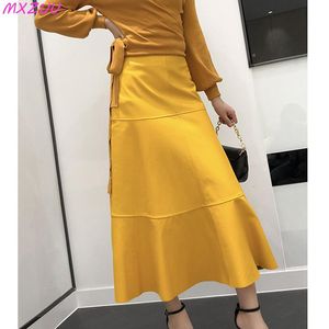 Pants 100% Genuine Leather Super Long Skirt Flared Dress Women High Waist Simple Ing Saia Longa Feminina Sheepskin Jupes Longues