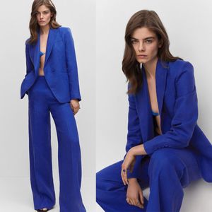 Kvinnor Plus Size Smoking 2 delar Blå Office Lady Blazer Kostymer Kvinnliga byxor med hög midja Custom Made