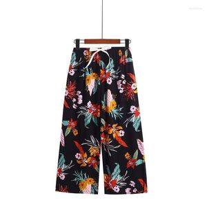Women's Pants Wide Legs Summer Mesh Red Flower Tether Elasticity Waist Loose Fit Large Home Sleeping Casual Middle Age Mom