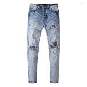 Jeans da uomo High Street Fashion Men Retro Light Blue Elastic Stretch Patched Designer Strappato Skinny Fit Pantaloni di marca Hip Hop