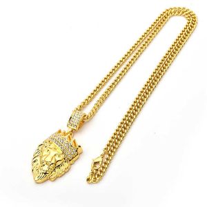 18k Real Gold Diamond Lion med Crown Head Hip Hop Pendant Necklace Hiphop Yellow Iced Out 5a Cubic Zirconia Gemstone Jewelry Accessories Presents For Men and Women