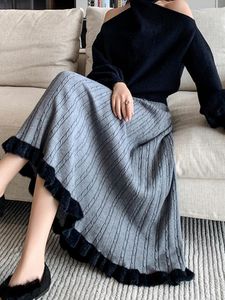 Skirts TIGENA Patchwork Knitted Pleated Skirt For Women 2023 Autumn Winter Edible Tree A Line High Waist Midi Long Female