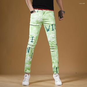 Herren-Jeans, High-End-Jeans im koreanischen Stil, stilvoll, luxuriös, bedruckt, klassisch, modisch, grün, schmale Passform, schmale Stretch-Hose für Herren