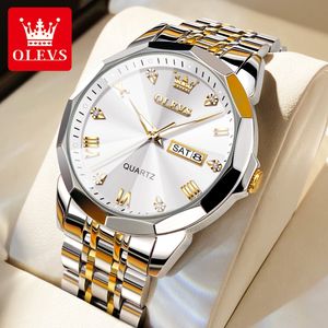 Wristwatches OLEVS Men Watches Luxury Trend Quartz Clock Luminous Calendar Waterproof Round Diamond Shaped Glass Watch Stainless Steel 230707