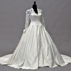 2021 Vintage Kate Middleton długie rękawy jesienne suknie ślubne ALine VNeck kość słoniowa tafta aplikacje Peplum suknie ślubne Vestidos D35260U