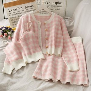 Women's Knits Sweet Plaid Three Piece Round Neck Single Breasted Long Sleeve Loose Sweater With Short Suspender Skirt