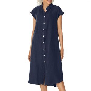 Fritidsklänningar Vintage bomull Linne Damklänning Solid temperament skjorta med knapp Lång sommar kortärmad lös tunika