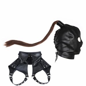 Party Masks Steampunk Accessories of Unisex Leather Fetish Mask with Hair Ponytail for Sexy Coplay Rave Festival Chest Belt Headgear Outfit 230706
