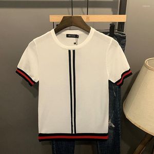 Men's Sweaters Knitted Short Sleeve Shirt Summer Korean Slim Stripe Contrast Ice Silk Tee Jacket