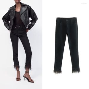 Calças femininas femininas 2023 lazer moda sólida bainha elástica jeans com acabamento de penas calças finas mujer