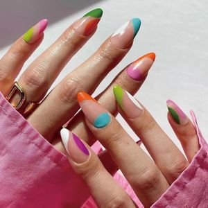 False Nails 24pcs Colorful Almond French Edge Pattern Nail Ballerina Wearable Press On Acrylic Tips For Girl