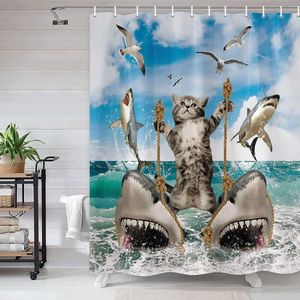 Curtains 3d Print Funny Cat Riding Shark Shower Curtains Fabric Waterproof Polyester Bathroom Accessories Home Decor Bath Curtain Cortina