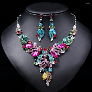 Necklace Earrings Set Fashion Colorful Rhinestone Bridal Women Luxury Flower Choker Wedding Dress Costume Jewelry