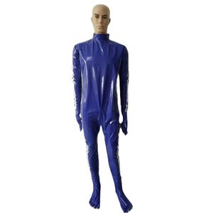 Cosplay Halloween Costumes Blue PVC faux leather zentai tights suit with white striped sports jumpsuit Removable hands and feet