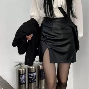 Skirts PU Punk Leather Skirt Women Black Sexy Split Slim High Waisted A-line Mini Skirts Autumn Korean Fashion Harajuku Streetwear 230707