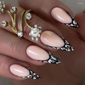 False Nails 3D Fake Accessories Black White Leopard With Gold Glitter French Almond Tips Faux Ongles Press On Supplies Set