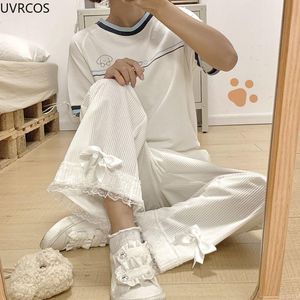 Pants Japanese Lolita Women's Kawaii High Waist Corduroy Pants Sweet Bow Lace Wide Leg Pants Girly Vintage Clothing Loose Cute Trouser