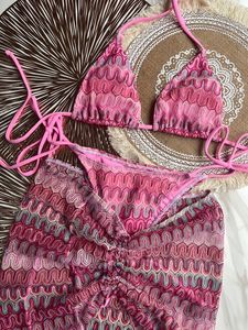 Women's Swimwear zigzag bikini three piece swimwear with skirt knitting bikinis swimsuit push up beachwear 230707