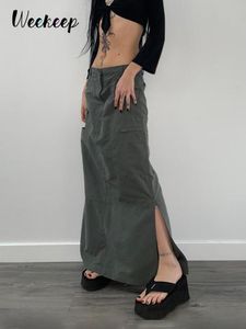 Pants Weekeep Pocket Low Rise Long Skirt Haruku Straight Split Hem Cargo Maxi Skirts Women Vintage Streetwear Bottoms Solid Outfits