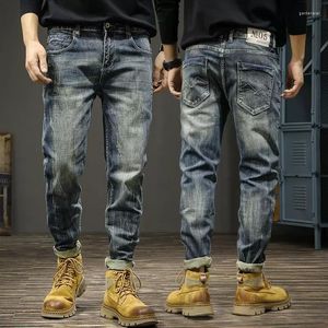 Мужские джинсы винтажные моды мужчины ретро синий растяжение Slim Fit Ruped Классические брюки Эластичные повседневные дизайнер