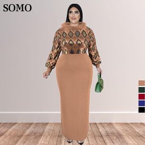 Conjuntos elegantes outono feminino vestidos de noite gola de pele manga longa plus size retalhos maxi vestido atacado dropshipping