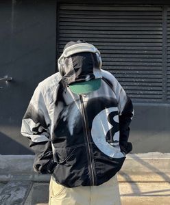 ジャケットセント春秋、新しいメンズ高品質のブラック8プリントタイ染色ジッパーフードロングスリーブチャージコート女性のトレンディジャケットT230707