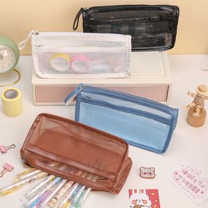 Large Capacity Mesh Pencil Bags Vintage Colors Stationery 2 Layers Transparent Pens Cases School Office Big Pouch For Boys Girls