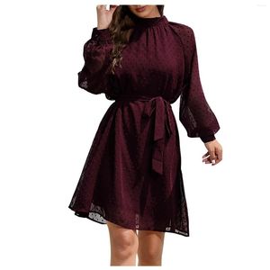 Vestidos casuais femininos cor lisa manga longa gravata ponto pulôver vestido ocasião formal noite solto verão