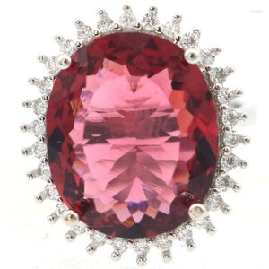 Anelli a grappolo 22x18mm Grande gemma ovale 18x15mm Lampone rosa Granato rodolite Bianco CZ Femmine Regalo Argento