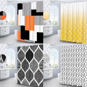 Curtains Modern 3d Geometry Shower Curtains Set Red Orange Grey Yellow Lattice Fabric Bathroom Accessories Black and Gray Bath Curtains