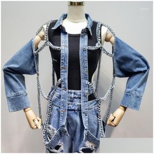 Kadın ceketleri kadın harajuku niş kadınlar zincir denim deliği jean-coats bayanlar şık sokak kıyafeti metal ceket yüksek cadde benzersiz se dhlhi