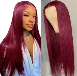 99J Burgundy Lace Front Människohår Peruker För Svarta Kvinnor Brazilian Body Wave Remy Hair Wig HD Rak Spetsperuk