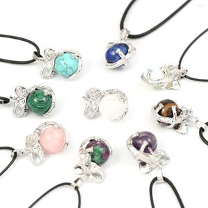 Pendant Necklaces Natural Stone Pendants Necklace Ball Shape Healing Crystal Agate Elephant Alloy Wax Cord For Jewelry Gift