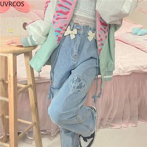 Calça estilo japonês jeans alta jeans fofos laço reto calça de jeans de rua alta as calças góticas solteiras amam jeans de perna larga