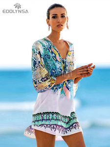 Women's Swimwear Arrivals Beach Caftan Swimsuit Cover up Print Chiffon Pareo Women Robe Plage Swimwear Dress Sexy Sarong Beach Tunic #Q152 230707