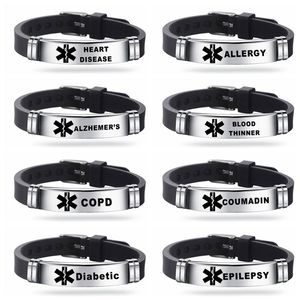 Novas pulseiras de identificação de alerta médico de silicone para homens e mulheres pulseira gravável de aço inoxidável DIABETES doença grave lembrete de emergência jóias