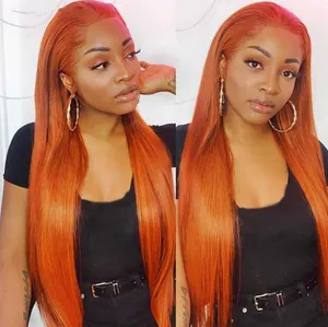 Orange Ginger Color Straight Lace Front Wigs Brazilian Straight Human Hair Wig Orange Lace Closure Wig For Women