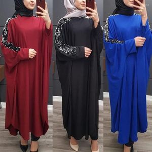 Odzież etniczna kobiety cekiny Abaya rękaw w kształcie skrzydła nietoperza Farasha sukienka arabska Jilbab pełna długość Maxi Kaftan muzułmanin luźna zwykła szata islamska suknia