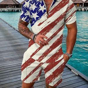 Träningsoveraller för män Dragkedja Pikétröja Toppar med shorts Set för 4:e juli Patriotisk träningsoverall American Flag Outfits Sportkläder Sommar 2piece 230706