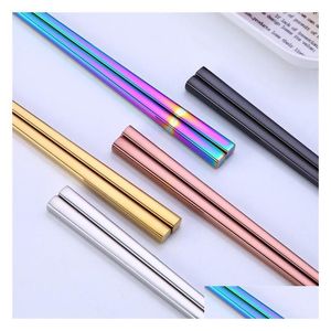 Chopsticks Glossy Titanium Gold-Plated Colorf Stainless Steel Rose Gold Black Rainbow Square Chopsticks120Pair T1I825 Drop Delivery Dhc9J
