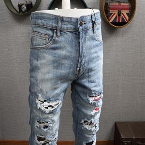 Patches Detail Biker Fit Jeans Men Slim Motocyklowe męskie Vintage Distressed Denim Jean Pants199s