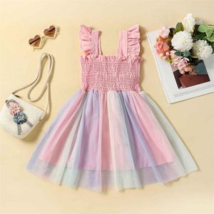 Girl Dresses 1-6Y Kids Girls Sweety Dress Ruched Sleeve Gradient Layered Mesh Tulle Summer Casual Princess Sundress