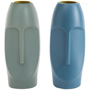 Vases 2X Nordic Minimalist PE Abstract Vase Human Face Creative Display Room Decorative Figue Head Shape Vase-Green & Blue